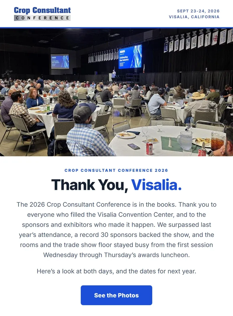 Opening of the actual Thank You, Visalia recap email with the conference logo and full awards luncheon