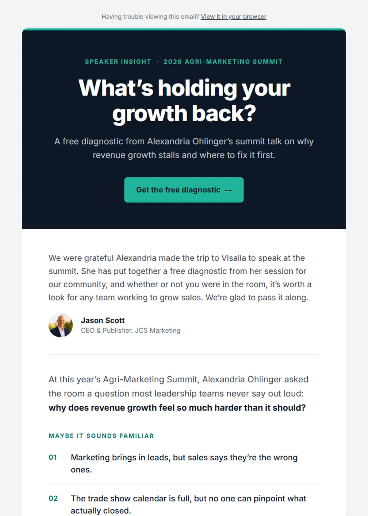 Leadway speaker-promotion email with the headline What’s holding your growth back?